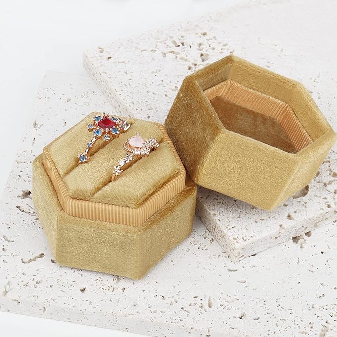 DesignSter Hexagon Velvet Ring Box - Premium Gorgeous Vintage Double Ring Display Holder with Detachable Lid for Proposal, Engagement, Wedding, Ceremony(Sunset)