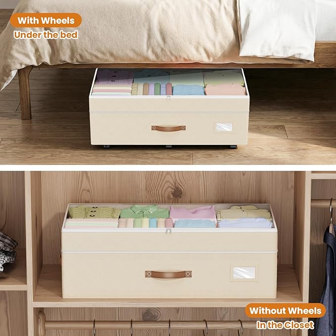 Budding Joy Under Bed Storage with Wheels 2Pack, 80L- Height Adjustable Underbed Containers with Clear Lids, Rolling Under Bed Shoe Storage Organizer for Dorm Home Clothes, Blankets, Toys, Beige