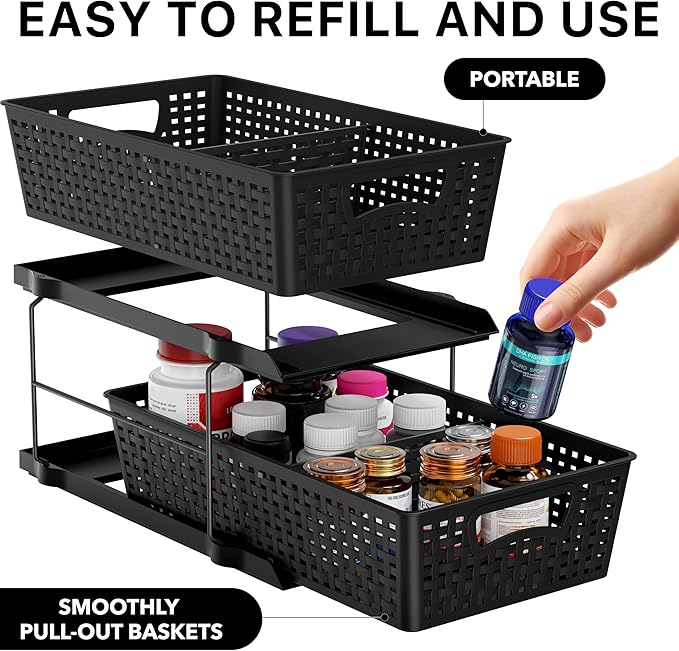 Simple Houseware 2 Tier Pull-Out Sliding Drawer Under Sink Storage, Black | Great for Kitchen Bathroom Tray Shelf Organizer
