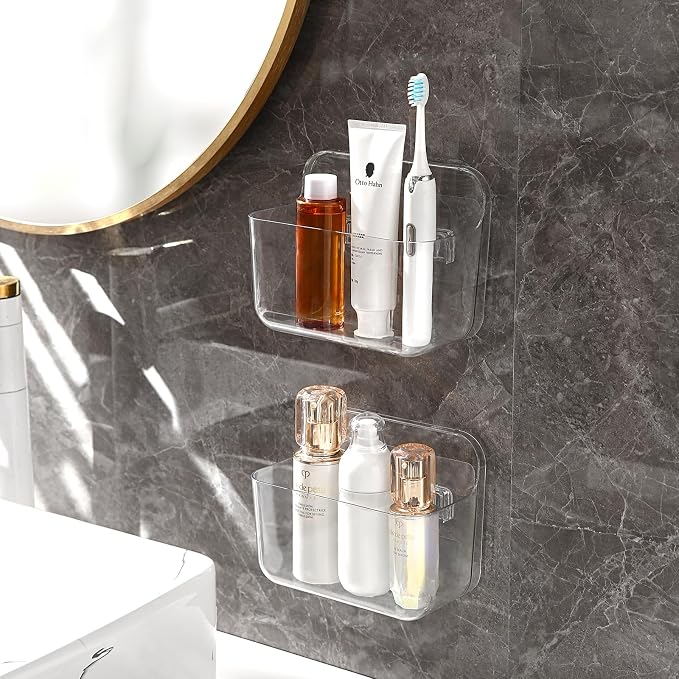 2 Pack Adhesive Cabinet Door Organizer, Compact Kitchen Under Sink Organizer, Clear Lid Storage Container for Pantry Shelves, Wall Mounted Bathroom Shower Caddy Hanging Closet Organizer