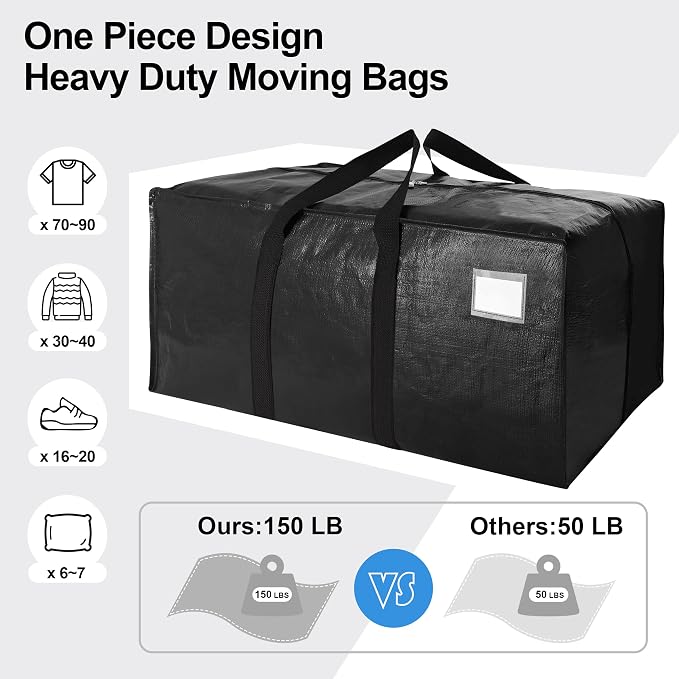 6 Pack Heavy Duty Extra Large Moving Bags W/Backpack Straps - Strong Handles & Zippers, Storage Totes For Space Saving, Fold Flat, Alternative to Box and Bin (40 gal, Black)