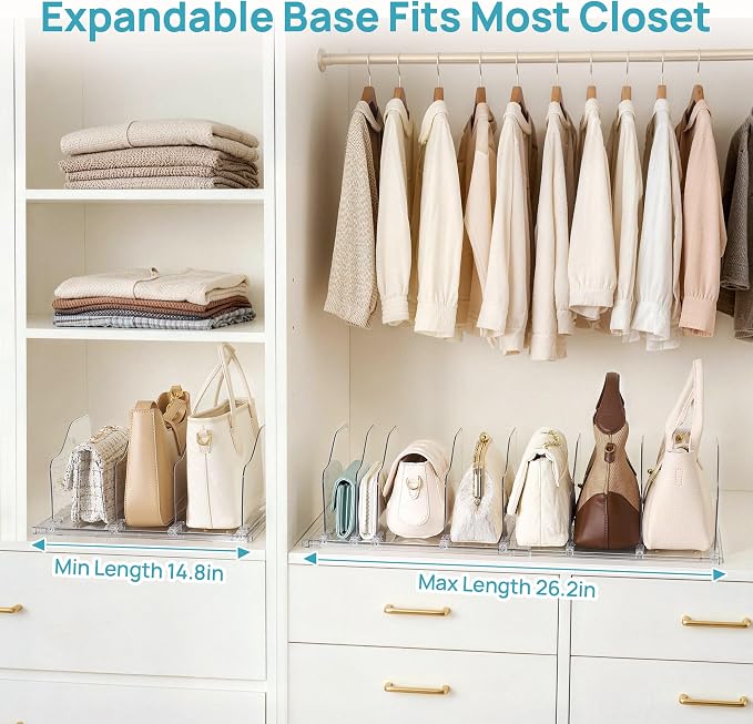 Vtopmart Free-Adjustable Purse Organizer for Closet with 1 Extendable Base & 8 Slide-Freely Dividers, Fits Different Bag Sizes & Closet Shelf, Customizable Spacing Shelf Dividers for Handbags, Wallets