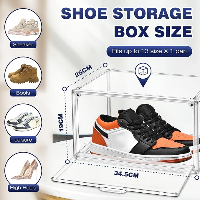 2 Pack Acrylic Clear Shoe Storage Boxes Size 12, Transparent Display Case for Sneaker Collections, Baseball Caps, Hat Organizer Dust-free Shoe Cubbies Stackable Sneaker Boxes