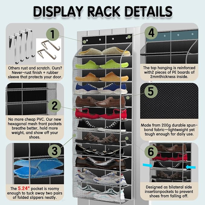 Kotkn Over The Door Shoe Organizer with 12 Large Breathable Pockets - Durable Hanging Storage for the Entire Family's Shoes (Black)