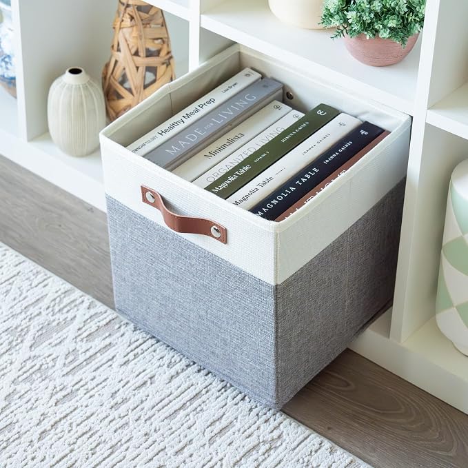 OrganiHaus 11x11 Cube Storage Bins, Set of 4 - Fabric Storage Cubes | Sturdy, holds its shape; odor-free; fits ClosetMaid 11-inch shelves; vegan leather handles