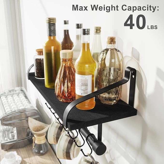 Love-KANKEI 17.3" Floating Wall Shelf Solid Wood/Bracket,Coffee Bar,Black | Spice Rack,Towel Bar/8 Hooks,40 Lbs/shelf,Easy to Install,For Kitchen,Bathroom,Living Room,Bedroom,Office,Entryway Display