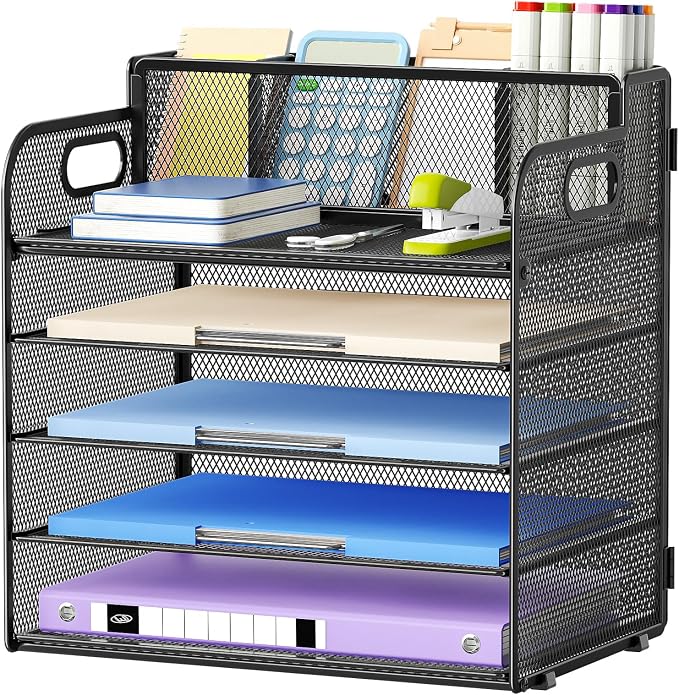 Marbrasse 5 Tier Paper Organizer Letter Tray, Mesh Desk File Organizer with Handle, Paper Sorter Desk Organizer for Home Office Supplies -Black, with 3 Pen Holders