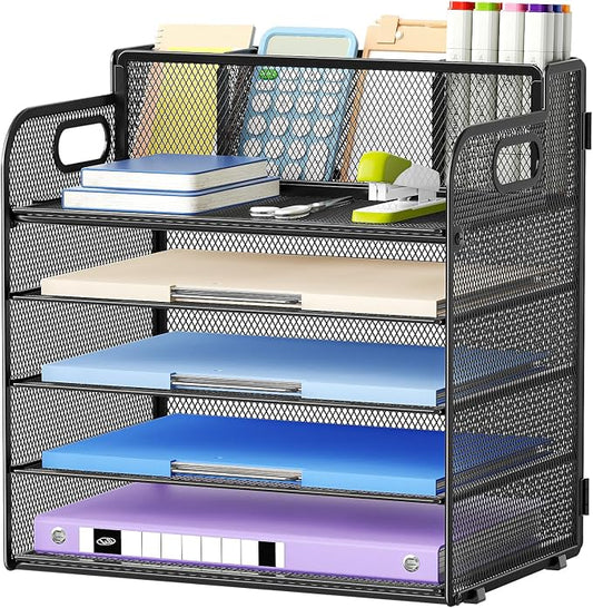 Marbrasse 5 Tier Paper Organizer Letter Tray, Mesh Desk File Organizer with Handle, Paper Sorter Desk Organizer for Home Office Supplies -Black, with 3 Pen Holders