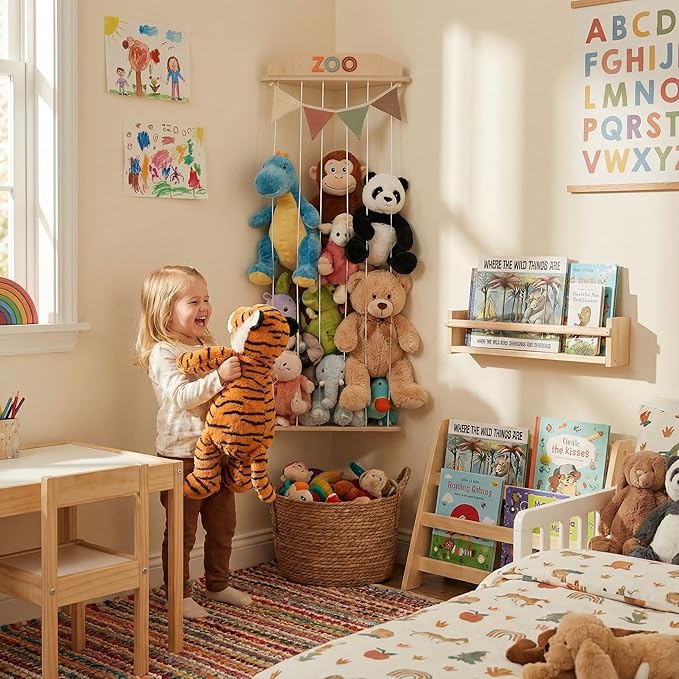 Stuffed Animal Storage Zoo with Decorative Muslin Garland - Cute Wooden Toy Storage Organizer for Kids Playroom or Nursery - Clever and Easy to Assemble Corner Wall Holder Maximizes Small Spaces