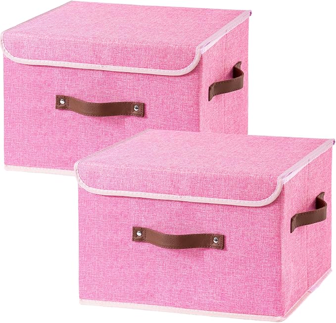 2PCS Collapsible Storage Boxes Baskets with Lid Cotton Linen Fabric Storage Bins with Faux Leather Handles Washable Cube Organizer Container for Home Closet Bedroom (Pink, Large Size)