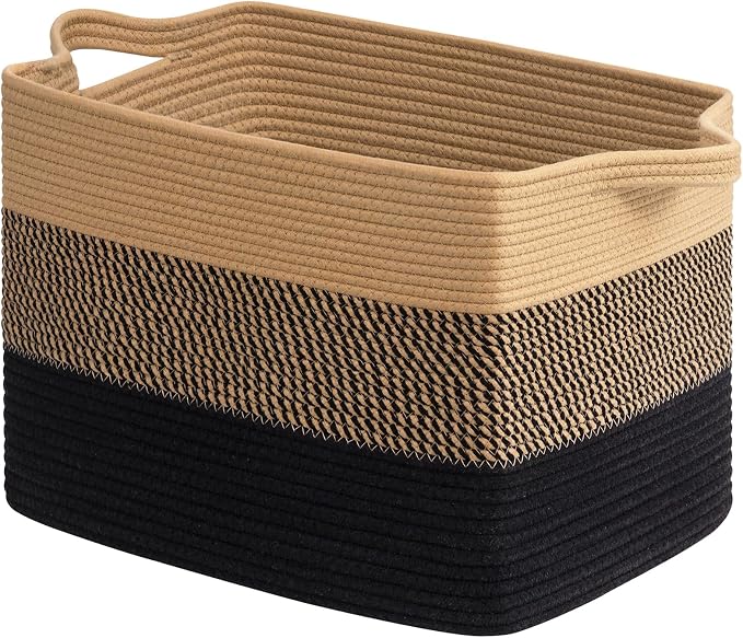 Goodpick Large Woven Basket 18" x 14" x 12" Cotton Rope Storage Baskets for Organizing, Rectangle Wicker Laundry Basket with Handles, Toy Baskets for Kids, Black & Jute