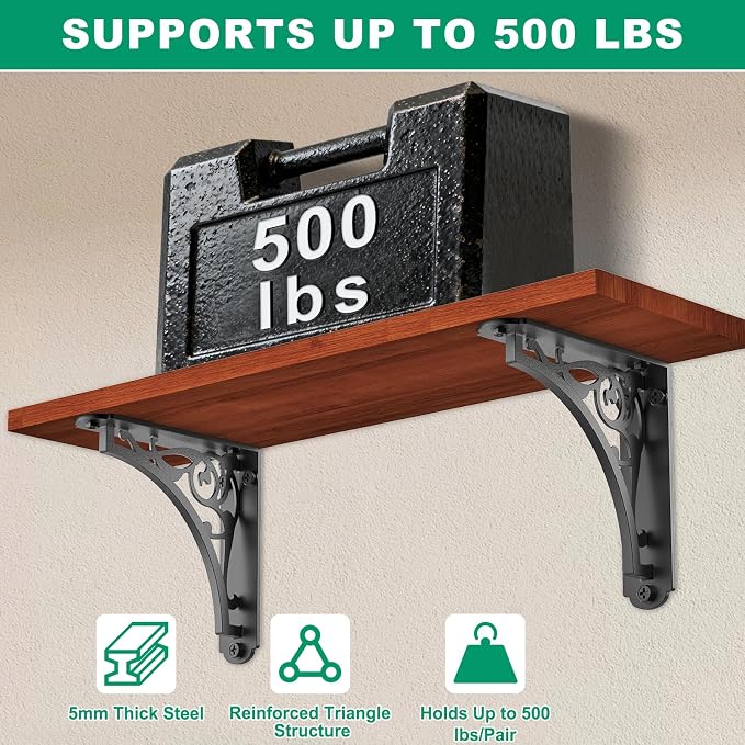 SELEWARE Black Heavy Duty Shelf Brackets, L 8" x H 8" x W 2" Wall Mount Decorative Shelving Brackets, 1/5" Thick Metal L Brackets with Mounting Hardware for DIY Floating Shelf (Classic A, 2 Pack)