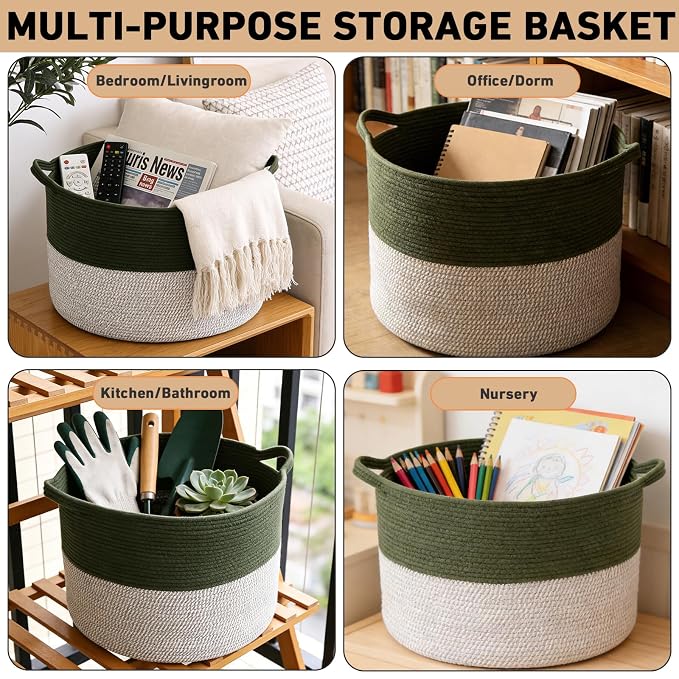 90L Extra Large Blanket Basket,Rope Woven Storage Basket with Handles, Laundry Hamper for Toys, Clothes, Pillows & Towels, Perfect for Living Room, Nursery & Bedroom,Green&White