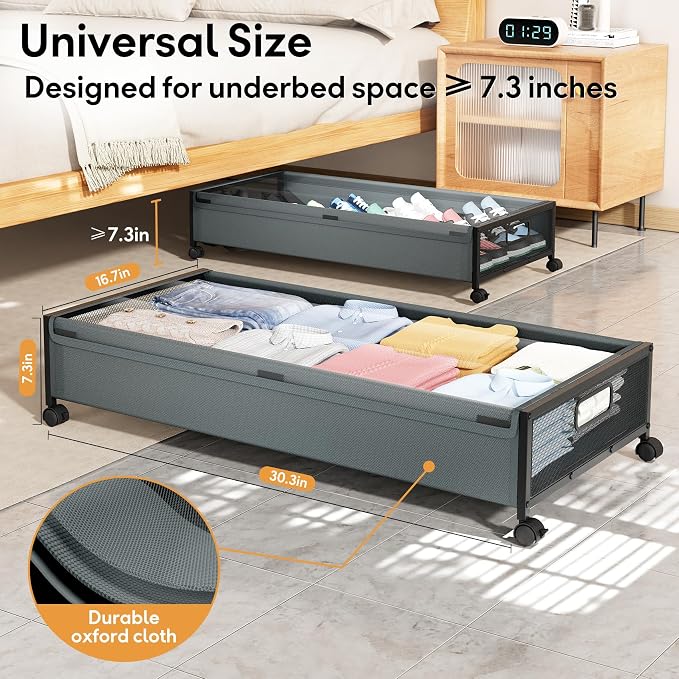 Under Bed Storage Containers with Wheels 2 Pack Underbed Shoe Storage Bedroom Storage Bins Organizer Large Capacity Under Bed Storage with Lid for Clothes Shoes Toys Blankets (Cyan-gray)