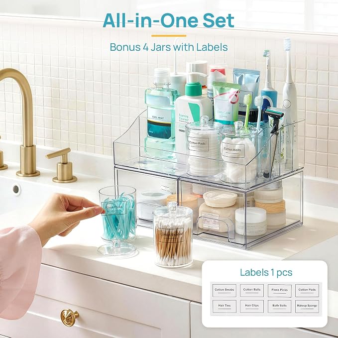 Vtopmart 7 PCS Bathroom Countertop Organizer, 1 Divided Tray with 4 Qtip Holder Jars and 2 Drawers, Restroom Clear Organizers for Toothbrush, Cotton Pads, Vanity Accessories Storage Set