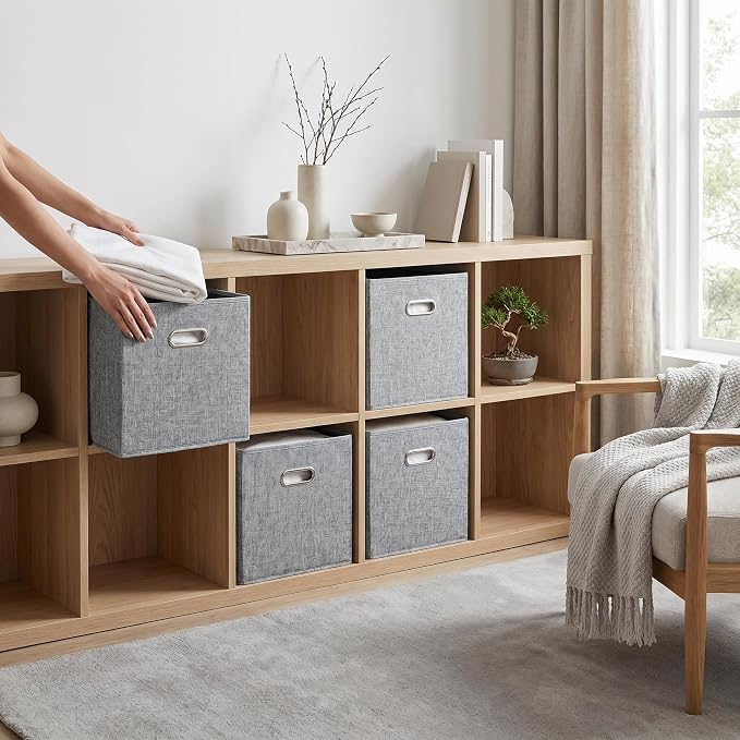 12x12 Gray Fabric Storage Cubes, 4 Pack – Foldable Linen-Look Cube Organizer Bins with Handles, Collapsible Cubby Baskets for Closet, Shelves, Nursery, Dorm Room & Kallax-Style Storage