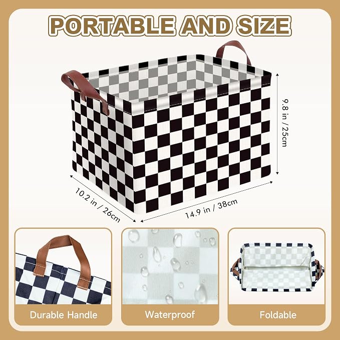 Checkered Storage Basket Waterproof Canvas Toy Storage Bin Race Car Room Decor Collapsible Outdoor Basket with Leather Handles Checkered Decor Car Blanket Baskets For Closets,Bedrooms,Gifts Baskets