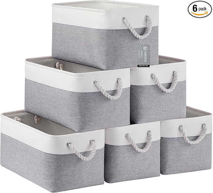 Large Storage Baskets- 15x11x10 inch Storage Bins for Shelves and Closet Organizing, Foldable Fabric Bin for Home Organization Clothes and Laundry (6-Pack, White&Gray)
