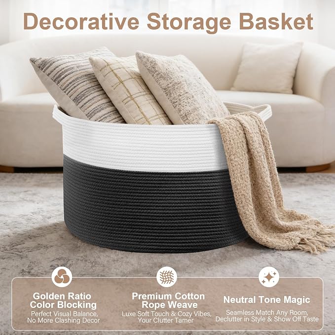 XXL Large Laundry Basket, 90L Soft Cotton Rope Basket, Blanket Storage and Organizers, Baby Nursery Laundry Hamper, Extra Large Toys Storage Bins for Kids 23'' x 13'', White & Black