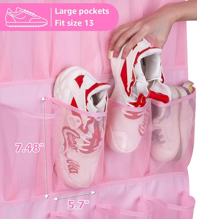 MISSLO Kids Over the Door Shoe Organizer Pink Hanging Shoe Rack Baby Toddler Hanging Shoe Organizer Cute Shoe Holder Girl Room Decor 28 Pockets