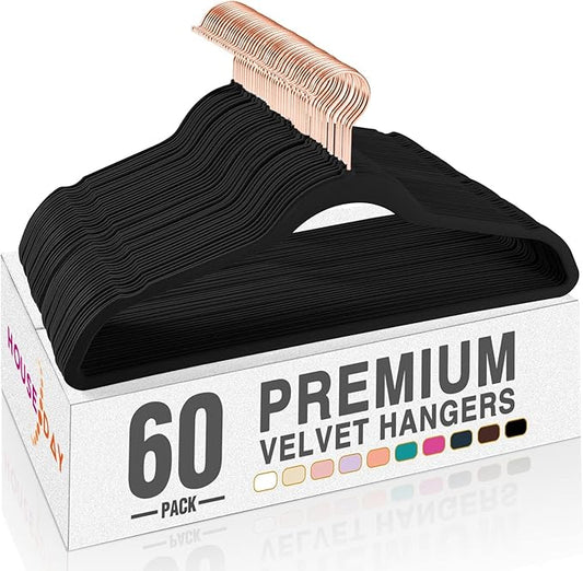 HOUSE DAY Black Velvet Hangers 60 Pack, Premium Non-Slip Felt Hangers, Sturdy Black Clothes Coat Hanger Heavy Duty, Durable Suit Hanger for Space Saving, No Marks Gold Hook