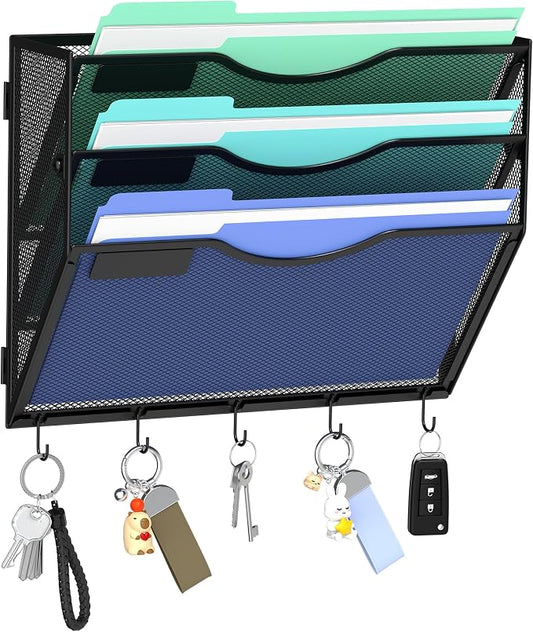 Gawerk Hanging Wall File Organizer with 5 Hooks - Wall Mounted Mail Paper Document Folder Holder, Sturdy Mesh Magazine Rack for Office Home (3 Tier)