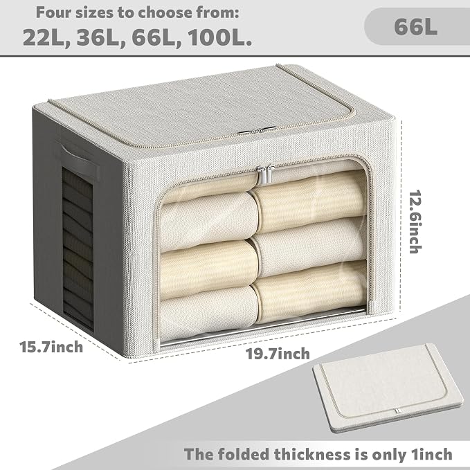 FHSQX 2 Pack Clear Window Storage Bins Large Stackable Linen Fabric Storage for Clothes Foldable Container Organizer Set with Carrying Handles (Lvory White, 19.7x 15.7x 12.6 Inch)