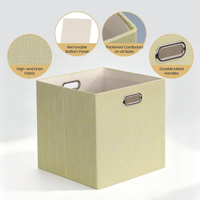 Posprica Foldable Storage Bins,13×13×13 Storage Cubes Boxes Baskets Containers for Shelf Bookcase,Thick Fabric Drawers - Set of 4, Yellow/Beige mixed