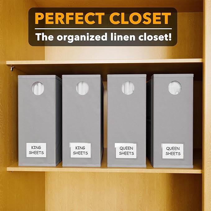 SpaceAid 4 Pack Bed Sheet Organizers and Storage, Foldable Organizer for Linen Closet, Sheets Set Folder Keeper with Window XL (Queen & King Size) Organizing Bedding Container, Gray 91ZDSN-SL01-G4