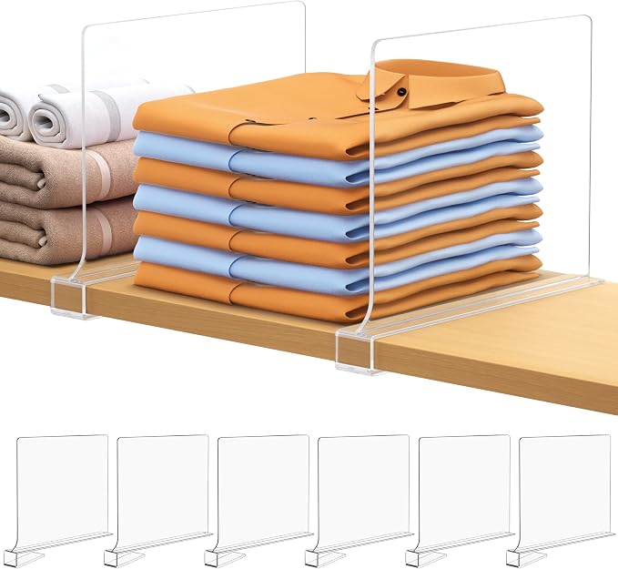 6 PCS Shelf Dividers for Closet Organization Acrylic Clear Closet Shelf Divider for Wooden Shelving Suitable for Wooden or Vertical Shelves Or Bedroom, Kitchen and Office..