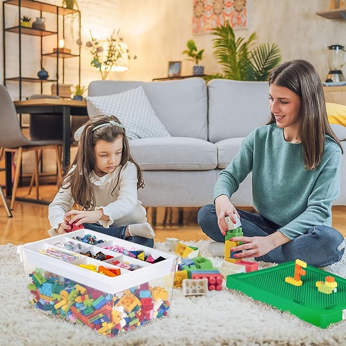 Plastic Storage Bins with Lids - 1 Set Stackable Arts Crafts Organizer Box with Removable Divided Tray &Compatible Building Baseplate,Toy Chest Containers for Bricks - (14.37"x9.64"x6.69")