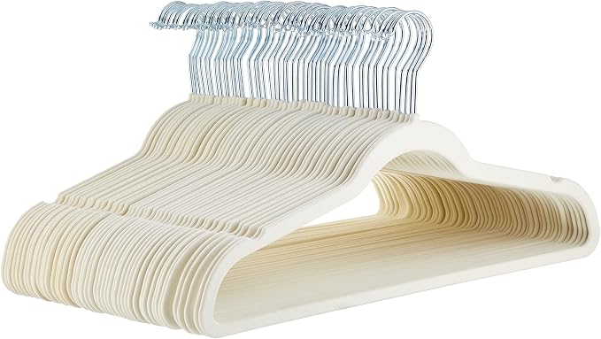 Amazon Basics Slim Velvet Non-Slip Space Saving Suit Clothes Hangers with Shoulder Notches for Closet Organization, Ivory/Silver, 50-Pack