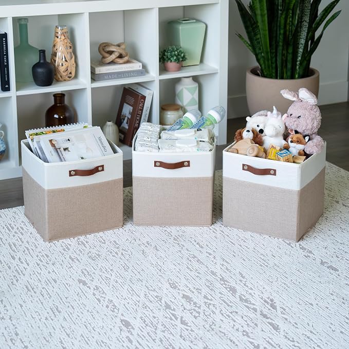 OrganiHaus 12x12 Cube Storage Bins, Set of 4 - Fabric Storage Cubes | Sturdy, holds its shape; odor-free; fits 12-inch cube shelves; vegan leather handles