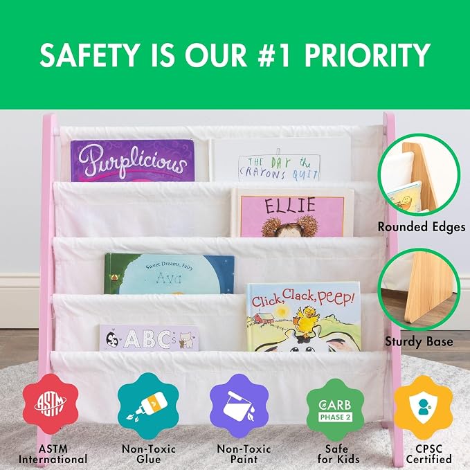 Humble Crew Kids Bookshelf, 4-Tier Front-Facing Book Display Organizer, Montessori Toddler Bookcase for Playroom, Bedroom & Reading Corner, Pink/White