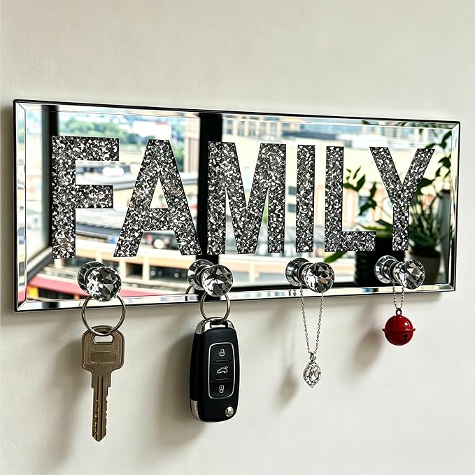 Crushed Diamond FAMILY Key Holder, Silver Mirror Wall Decor,11.8" ,4 Hooks | crushed diamond silver mirror with safe beveled edges,4 2-lb capacity acrylic hooks ,shatterproof, for keys/scarves/bags etc.