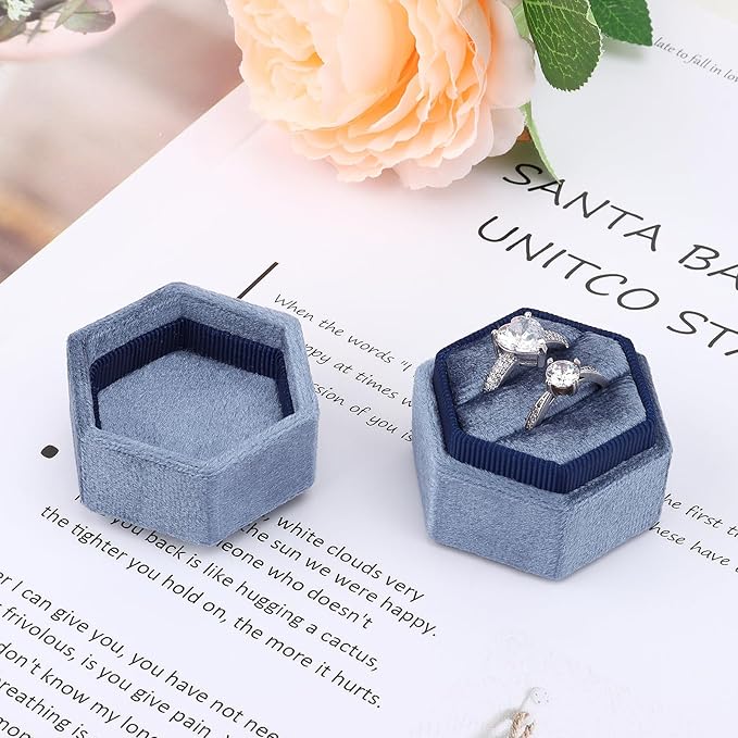 DesignSter Hexagon Velvet Ring Box - Premium Gorgeous Vintage Double Ring Display Holder with Detachable Lid for Proposal, Engagement, Wedding, Ceremony (Sapphire blue)