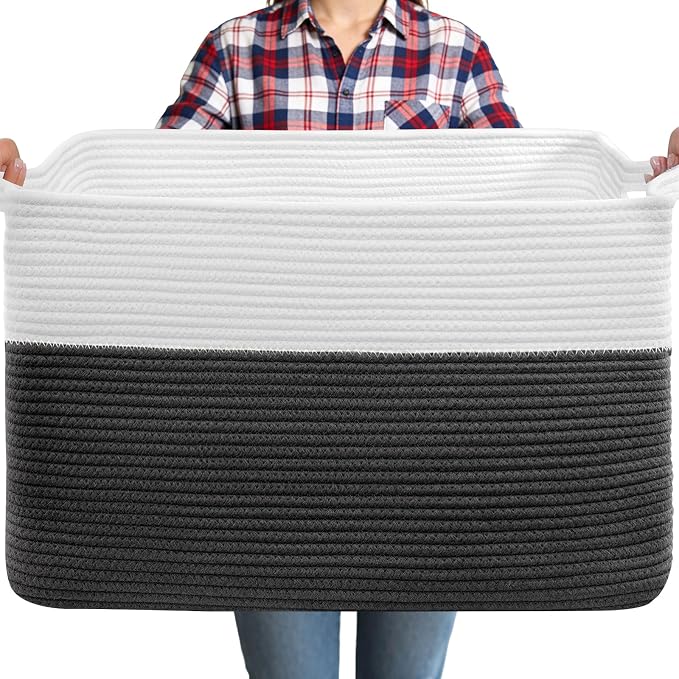 105L XXXL Large Blanket Basket, Rectangular Cotton Rope Basket, Laundry Hamper for Blankets, Pillows, Extra Large Toys Storage Bins for Kids, Dogs 25" x 16" x 16", White & Black
