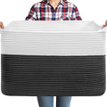 75L Large Blanket Basket, Rectangular Cotton Rope Basket, Laundry Hamper for Blankets, Pillows, Extra Large Toys Storage Bins for Kids, Dogs 22" x 17" x 12", White & Black