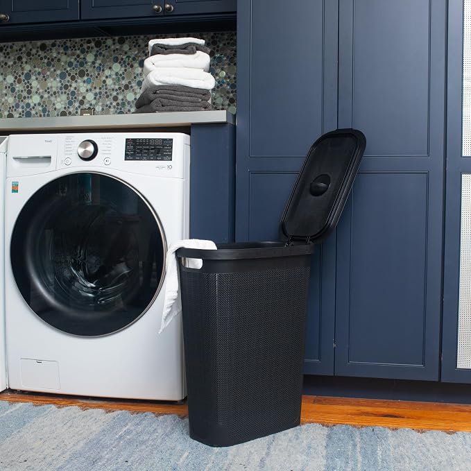 Mind Reader Slim Laundry Hamper with Lid, 40L Clothes Basket, Linen Design, Plastic, Black