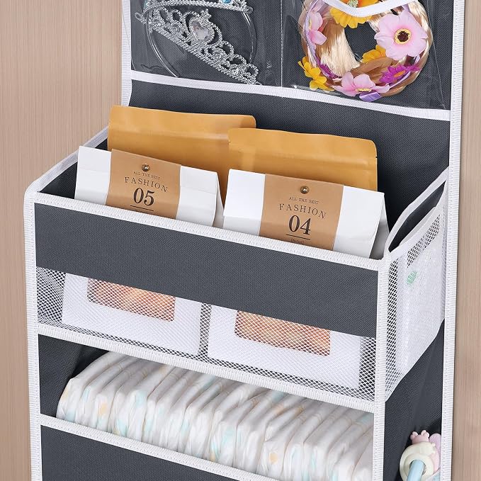 Univivi Over The Door Organizer, 6 Shelf Door Hanging Organizer Nursery Door Storage with PVC Pockets 8 Side Pockets for Bathroom,Cosmetics and Nursery Baby Essential