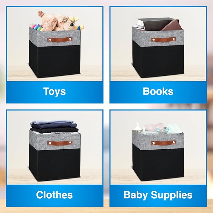 11 Inch Cube Storage Bin - 6 Pack - Linen Fabric 11x11 Cube Storage Bins for Bedroom, Living Room, Clothes and Toys; Foldable, Dual Leather Handles