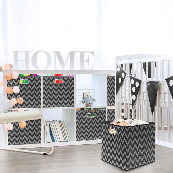 Simple Houseware 13-Inch Collapsible Fabric Cube Storage Bin with Handles, Printed Design, 3 Pack, Black