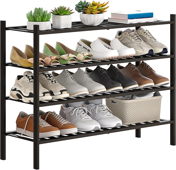 Bamboo Shoe Rack Stackable Shoe Shelf Storage Organizer for Unit Entryway Hallway and Closet Sturdy Freestanding Shoe Shelf (4L Tier Black)