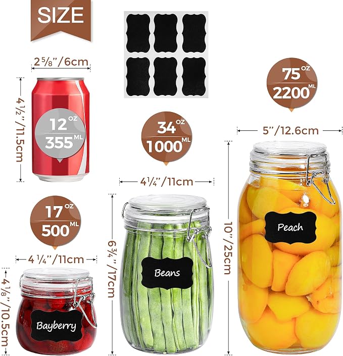 ComSaf 6-Pack 17oz Short Glass Jars for Drawers, Small Airtight Food Canisters for Spices, Nuts & Kids Snacks, Pint Sized Canning Jar Set for Jams, Pickles & Pantry Organization