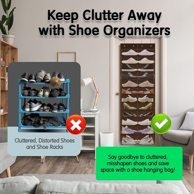 Kotkn Over The Door Shoe Organizer with 12 Large Breathable Pockets - Durable Hanging Storage for the Entire Family's Shoes (Espresso)