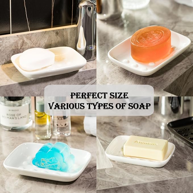 Miamolo Soap Dish, Ceramic Soap Holder Shower Soap Dish for Bar Soap Sponge, Soap Saver Tray for Bathroom Kitchen Sink, White (Pack of 2)