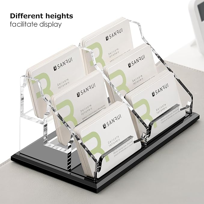 SANRUI Black Business Card Holder for Desk 6 Slot , Clear Acrylic Horizontal Name Card Stand for Women and Men, Desktop Organizer Display for Office Home Exhibition - 360 Card Capacity 1 Pack