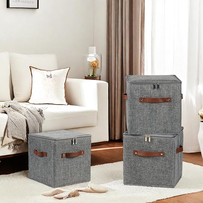 4PCS Storage Cubes with Lid Fabric Storage Bins Boxes PU Leather Handles Cotton Linen Closet Organizer Container Decorative Foldable Washable Shelf Cloth Basket (Zipper Lid, Gray, 11in)