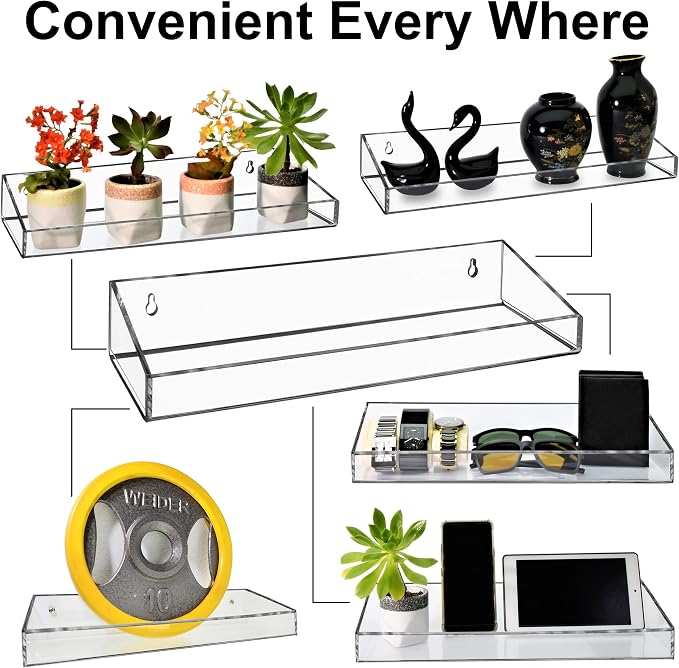 AMT 2 Pack Acrylic Floating Shelves, 15" L x 4.8" W, Clear Bathroom Wall Shelf, Bookshelves, Invisible Display for Office, Bedroom, Small Gap Allows Water to Escape, Free Screws & Drill Bit (XL)
