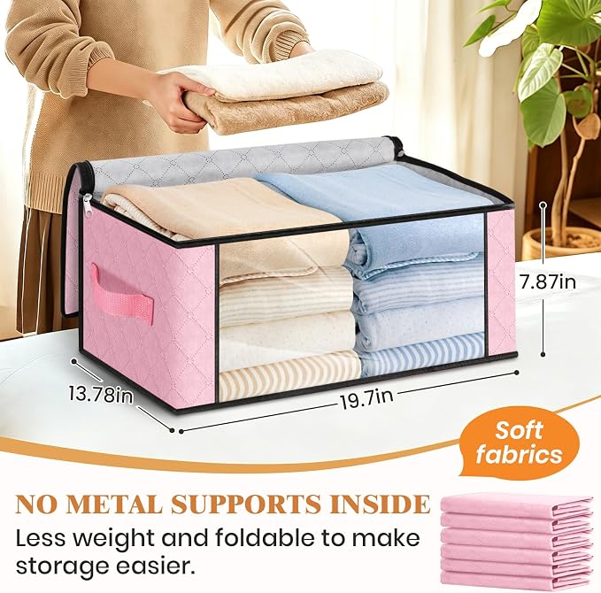 Fab totes 35L Closet Organizers and Storage, Foldable Under Bed Storage Containers, Storage bags for Organizing Bedroom, Closet, Clothing,Organization with Handle (3 Pack,Pink)